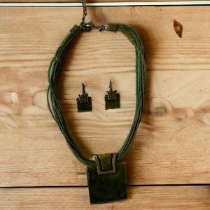 Green square metal necklace and earrings